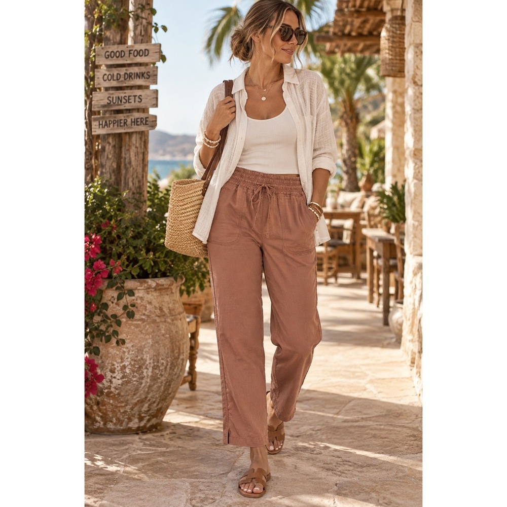 Ann Taylor Loft Women 8 Terracotta Orange 100% Linen Drawstring Straight Pants
